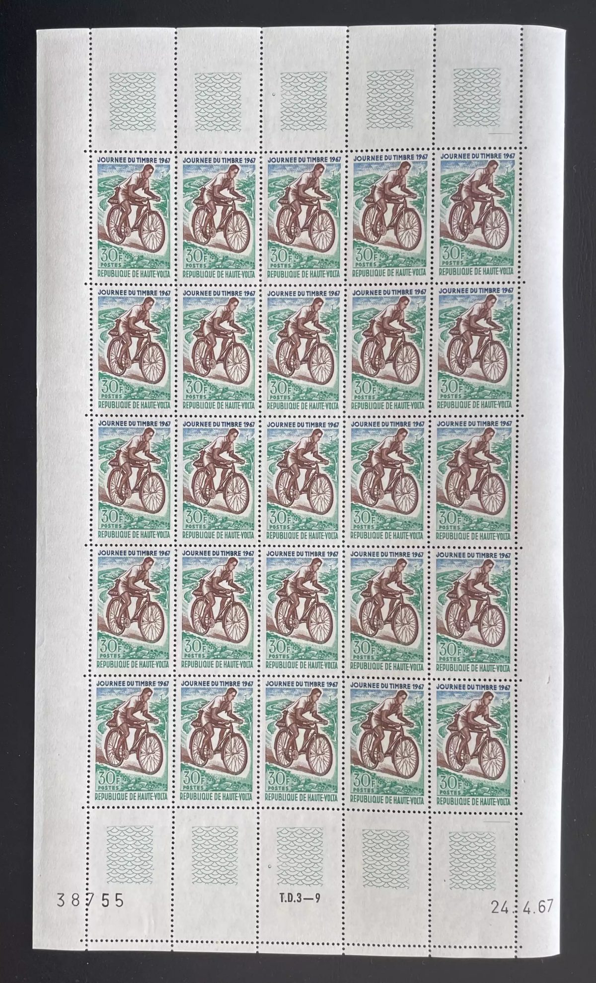 Upper Volta 1967 YT 182 sheet Stamp Day bicycle postman