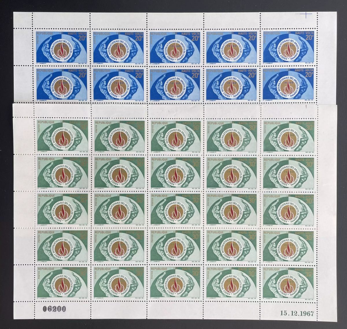 Haute-Volta 1968 YT 187-188 planche Droits de l'Homme flamme emblème ONU