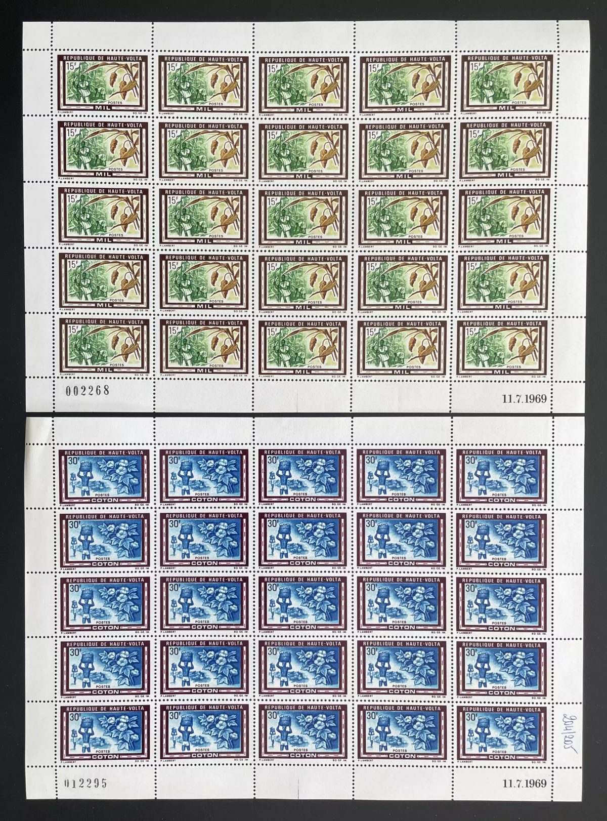 Haute-Volta 1969 YT 204-205 planche agriculture mil coton récolte paysans