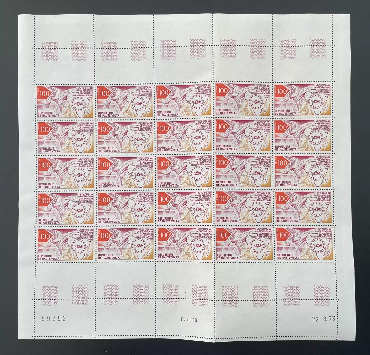 Haute-Volta 1973 YT 291 planche UAMPT Postes Télécommunications oiseau carte