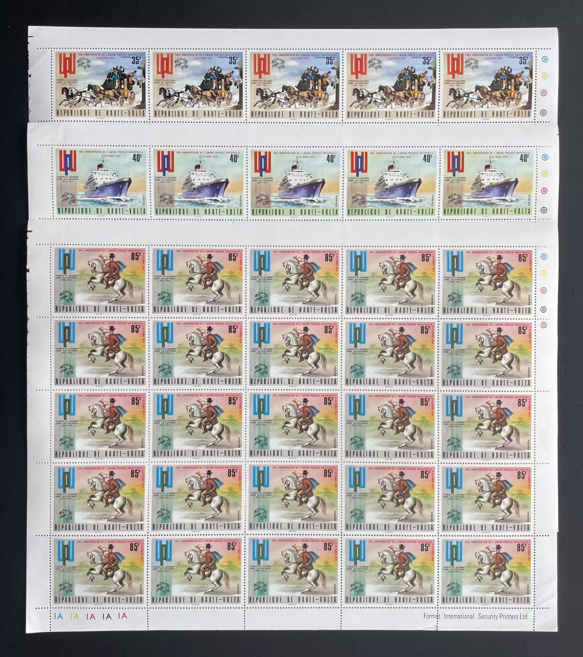 Obervolta 1974 YT 326-328 Bogen UPU Weltpostverein Postkutsche Schiff Pferd