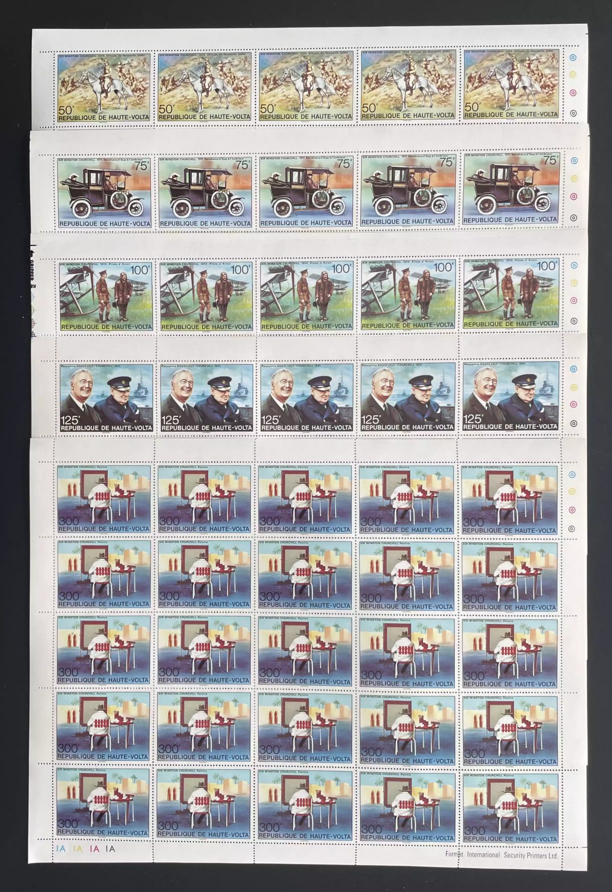 Upper Volta 1975 YT 333-337 sheet Churchill Roosevelt horse plane painter
