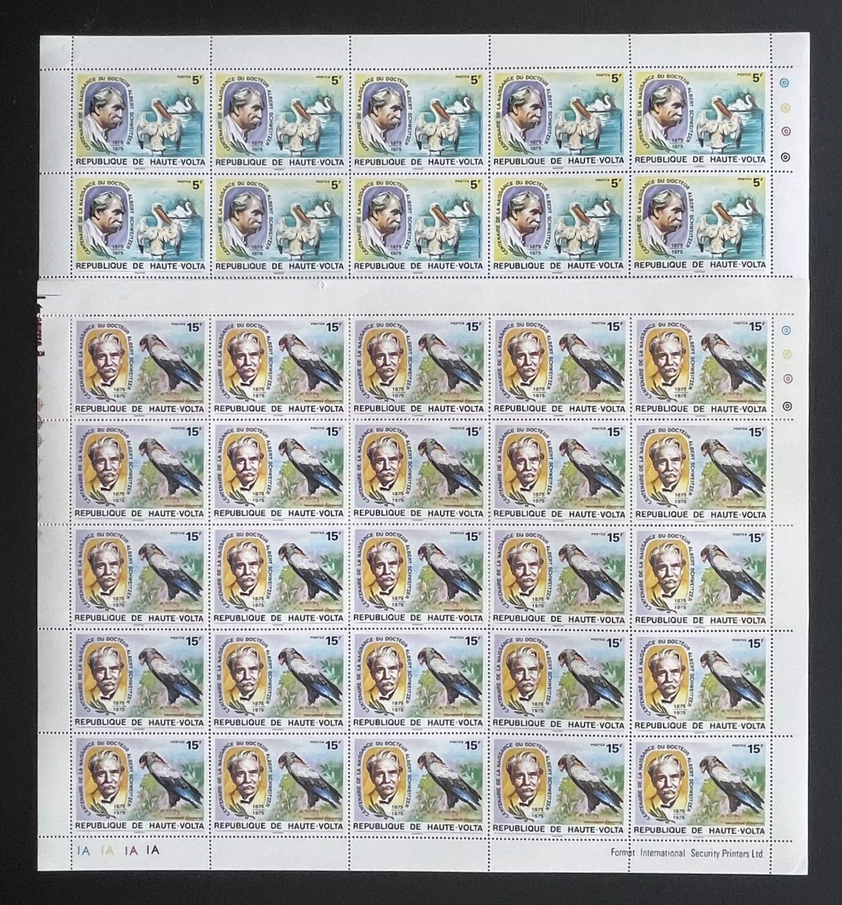 Haute-Volta 1975 YT 357-358 planche Schweitzer oiseaux pélican rapace faune