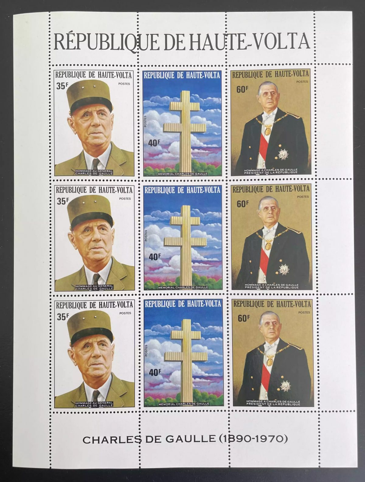 Haute-Volta 1974 YT 304A planche Charles de Gaulle président général mémorial
