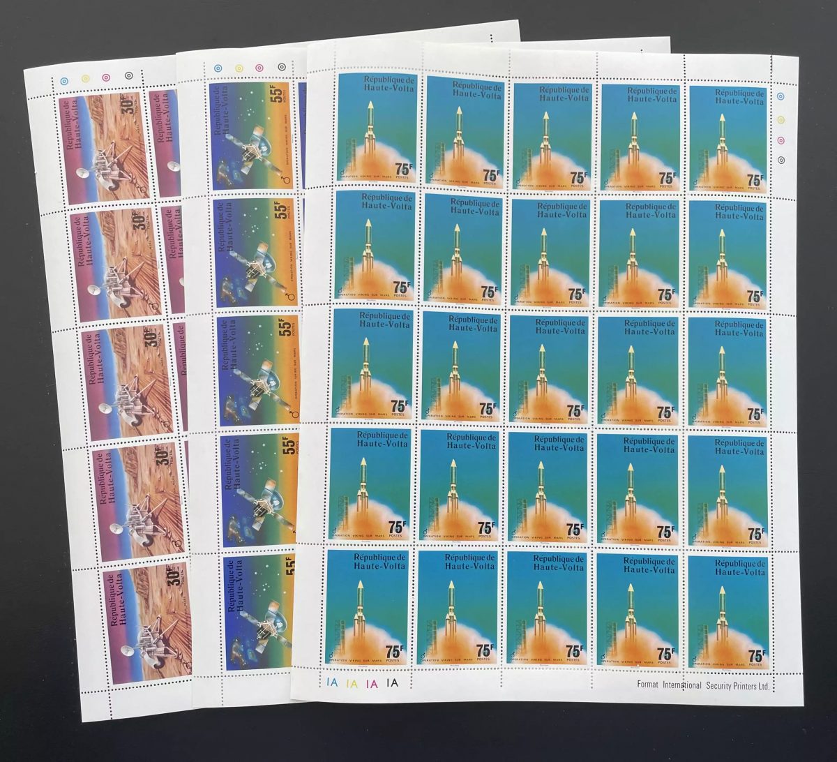 Haute-Volta 1976 YT 388-390 planche espace Mars Viking fusée satellite
