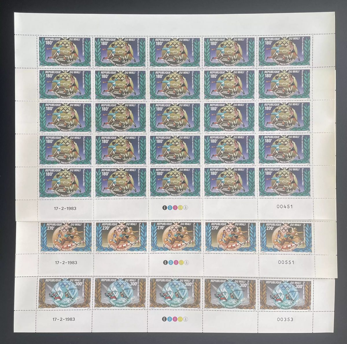 Mali 1983 YT PA 465-467 planche année préolympique football voile sport