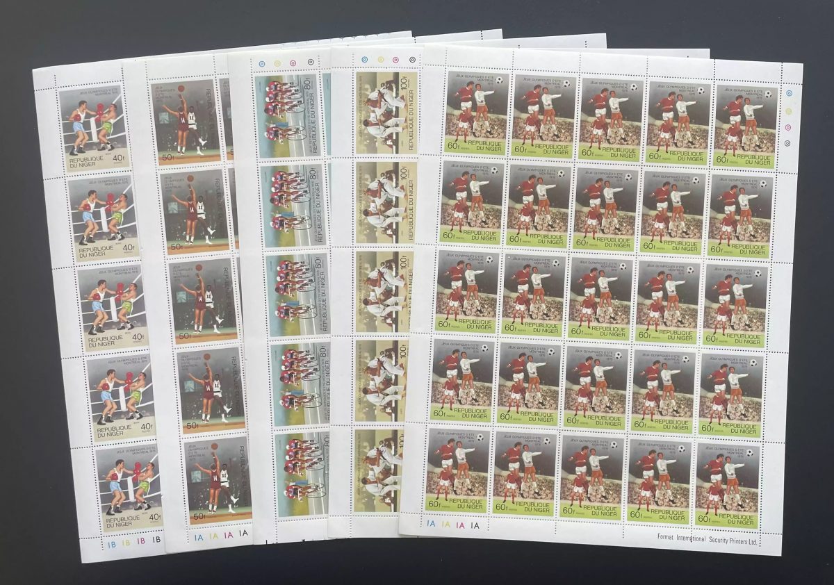 Niger 1976 YT 364-368 planche JO Montréal boxe basket cyclisme judo football