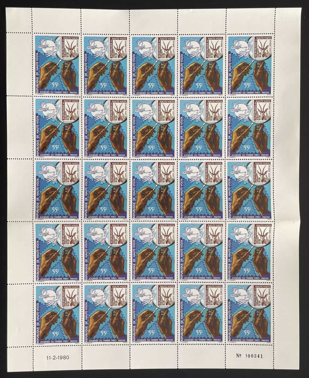 Haute-Volta 1980 YT 507 planche journée du timbre main colombe pigeon UPU