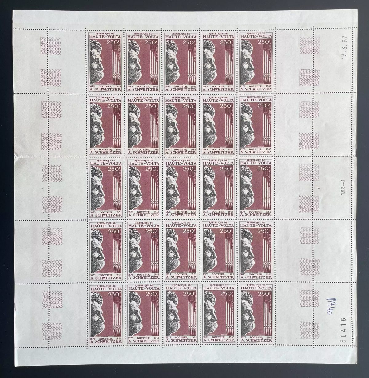 Haute-Volta 1967 YT PA 40 planche Albert Schweitzer docteur Nobel