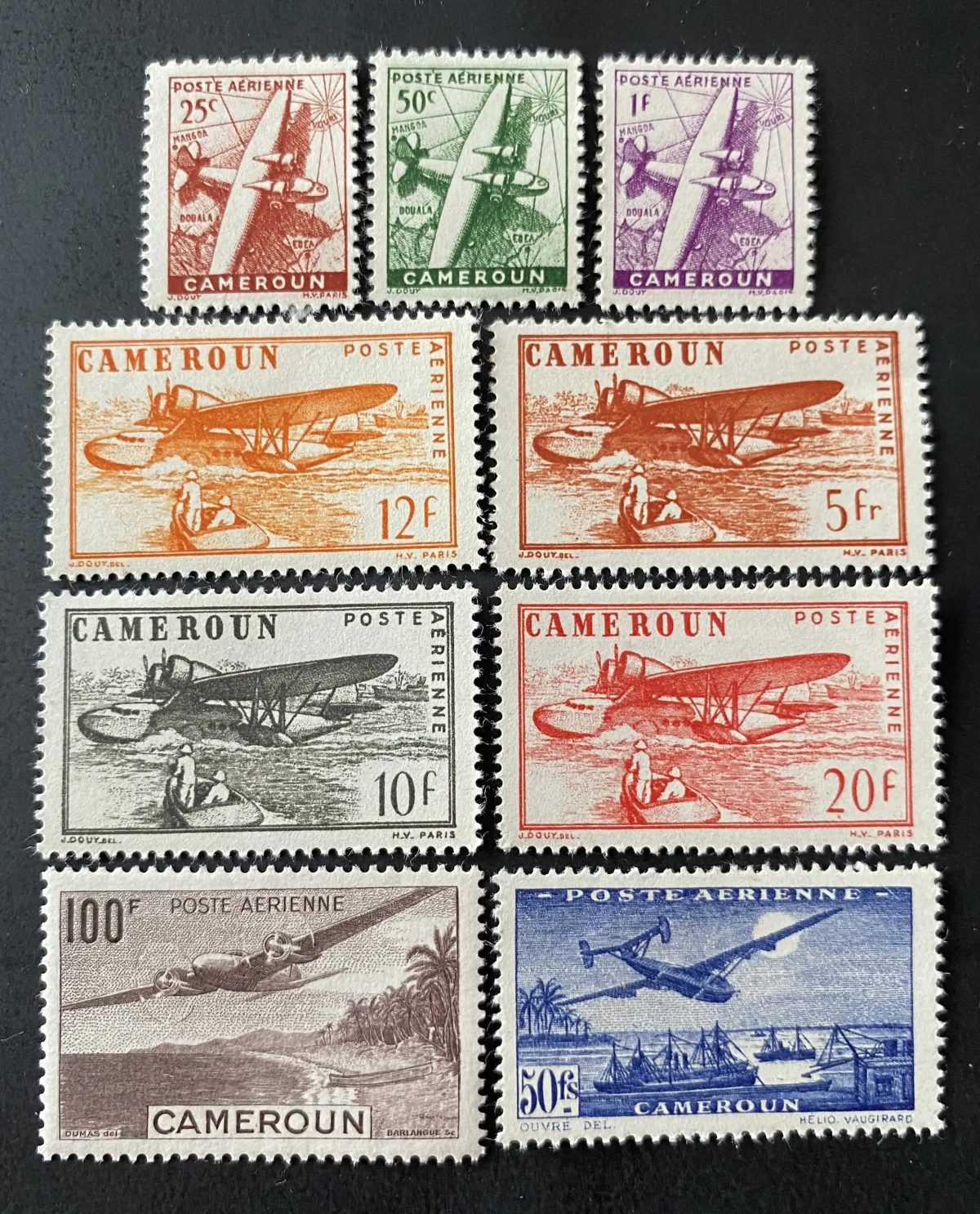 Kamerun 1943 Mi. 248-256 Luftpost Doppeldecker Wasserflugzeug Einbaum