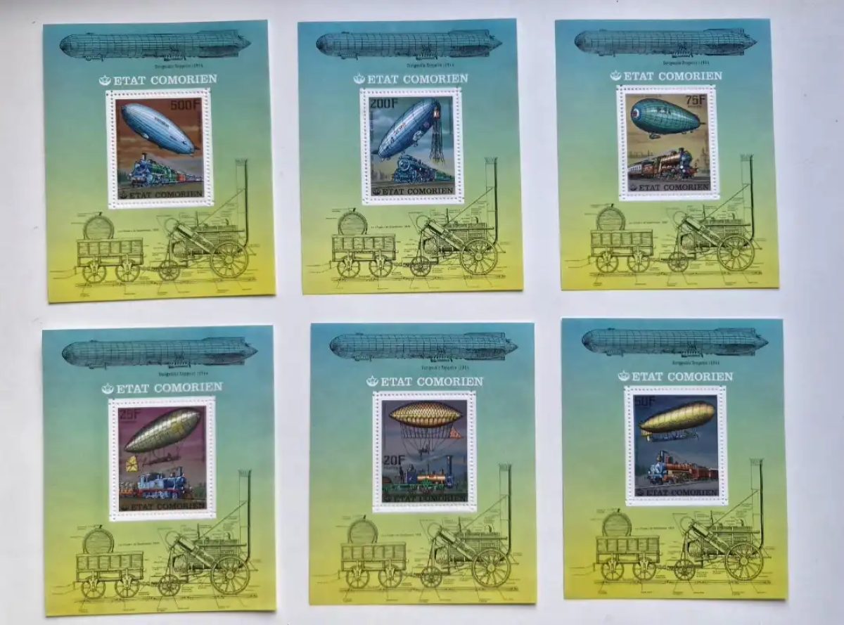 Comores 1977 Mi. Bl. 339-344 dirigeables Zeppelin locomotives trains