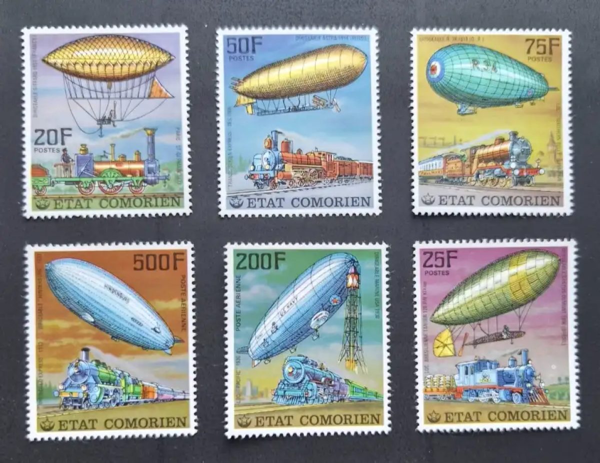 Comores 1977 Mi. 339-344 dirigeables Zeppelin locomotives trains