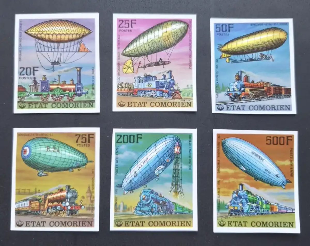 Comores 1977 Mi. 339-344 ND dirigeables Zeppelin locomotives trains