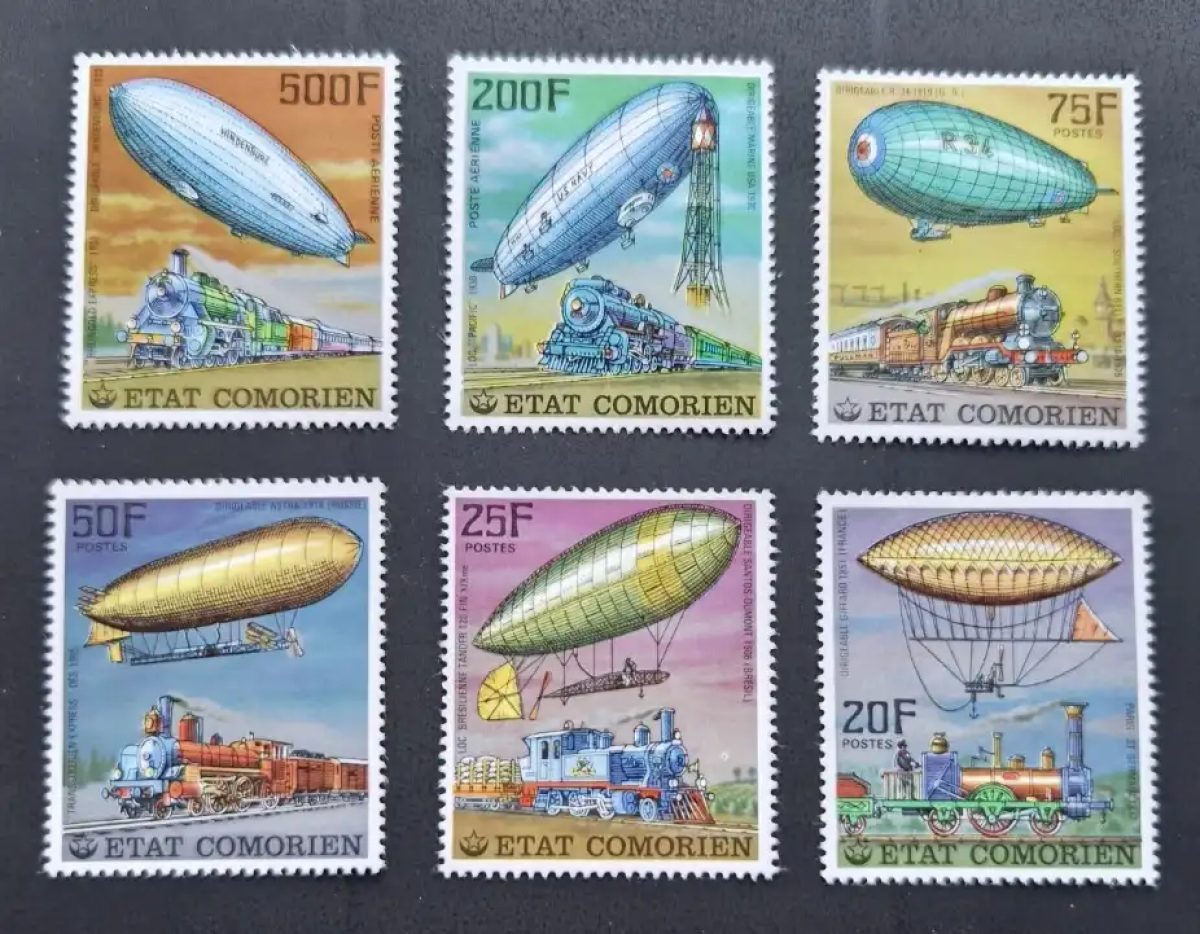 Comores 1977 Mi. 339-344 dirigeables Zeppelin locomotives trains