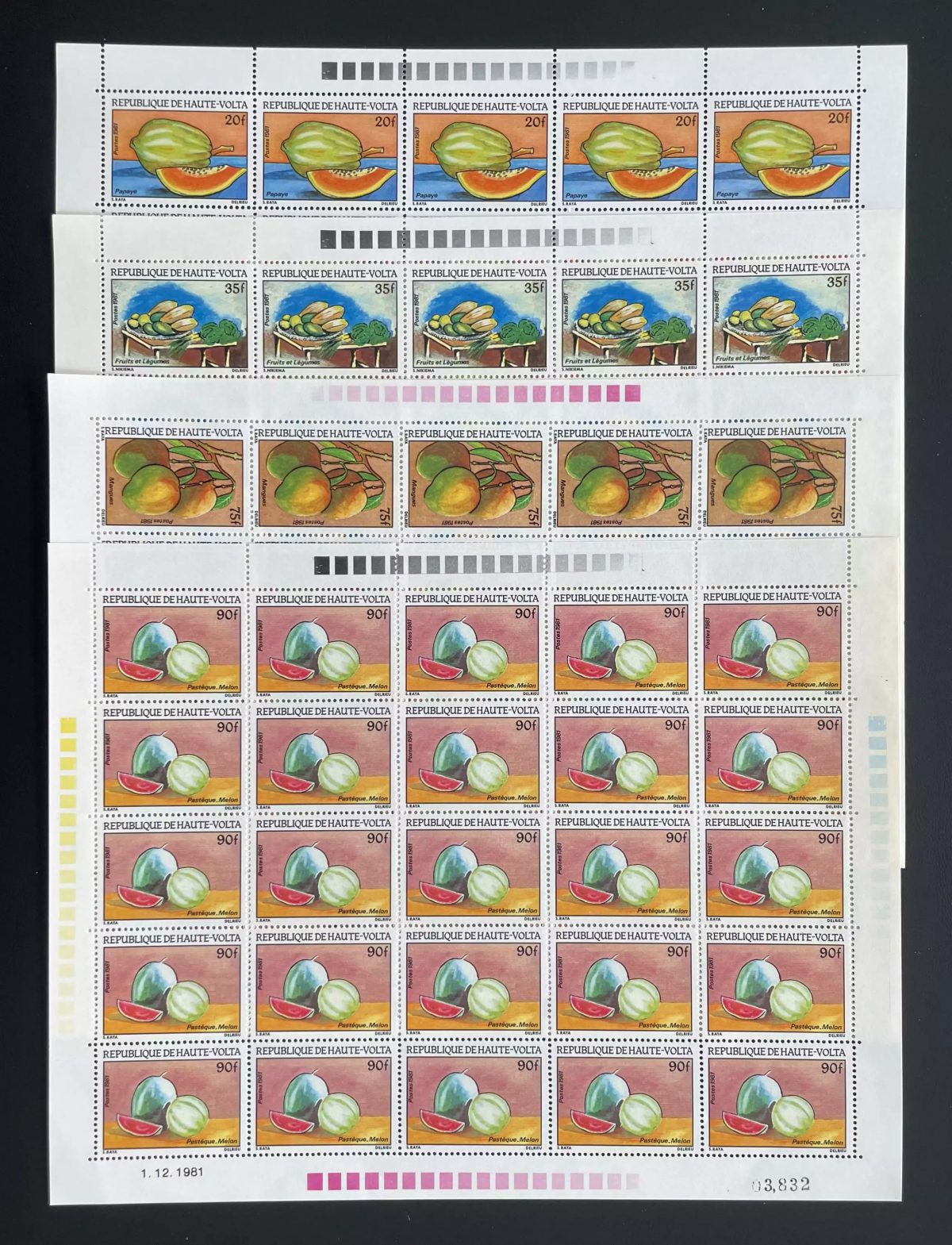 Haute-Volta 1981 YT 559-562 planche fruits papaye melon pastèque légumes