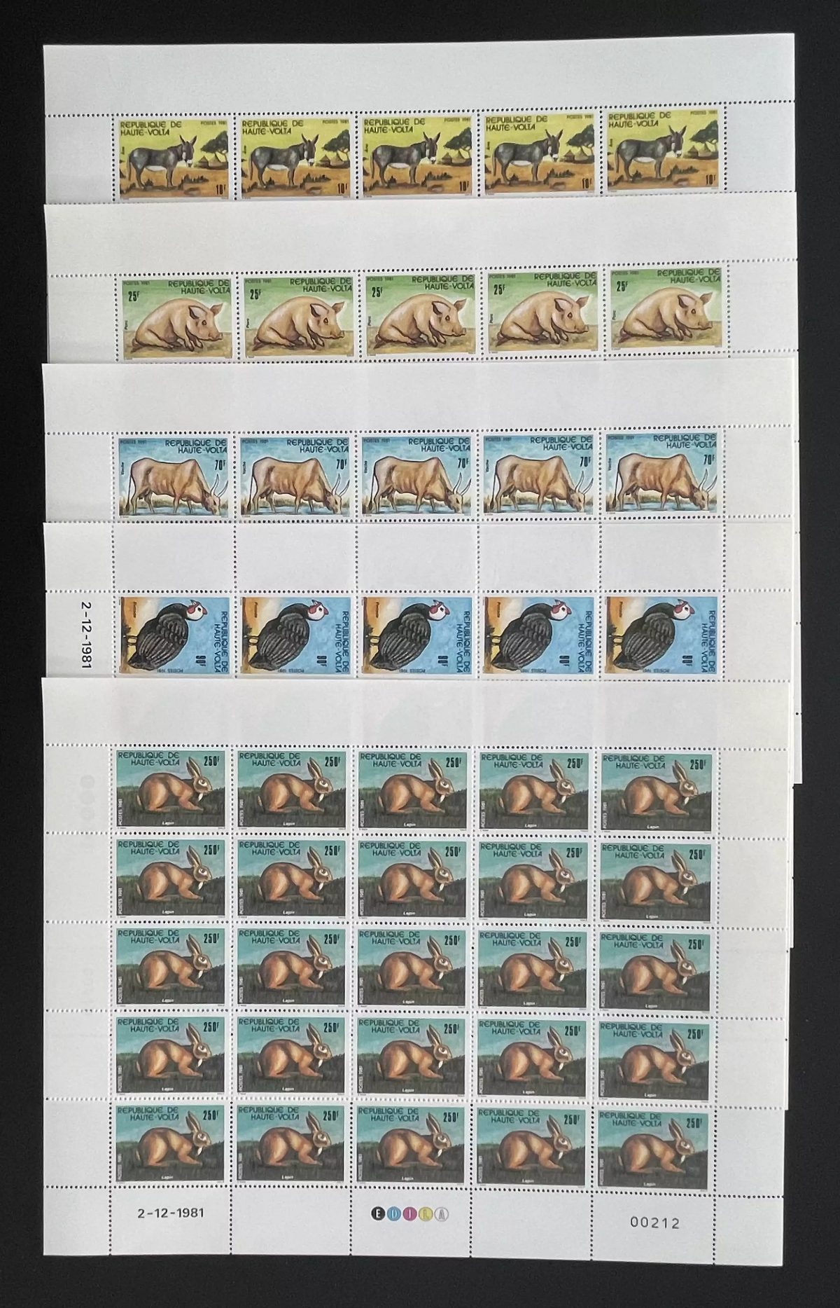 Upper Volta 1981 YT 563-567 sheet animals donkey pig buffalo rabbit