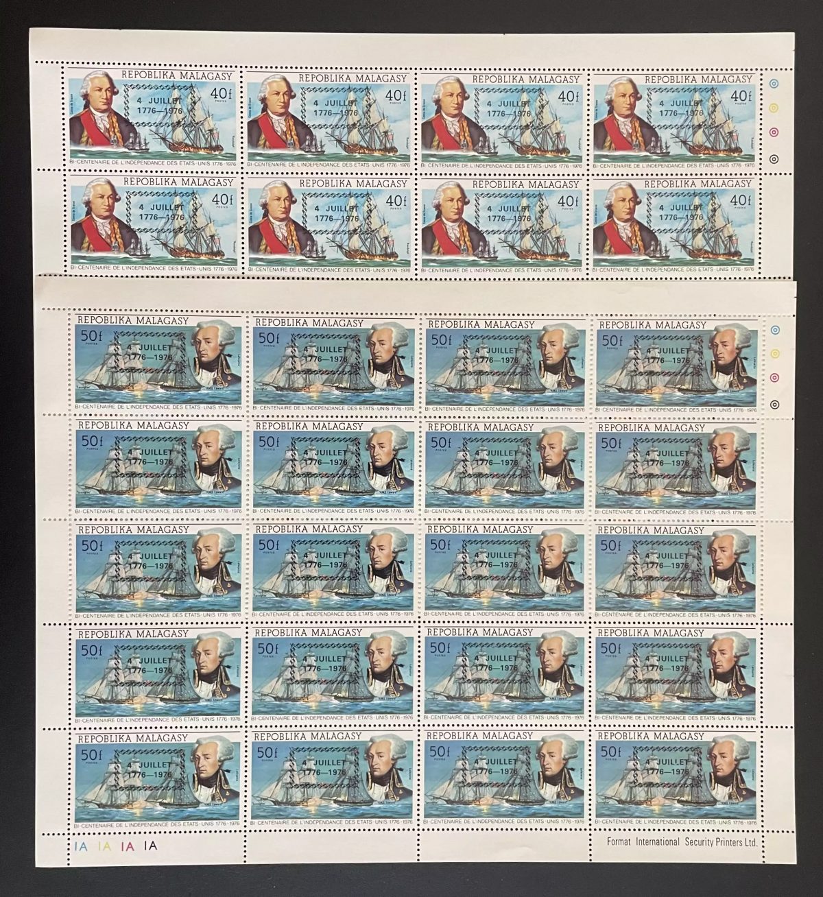 Madagascar 1976 YT 595 - 596 planche surchargé bicentenaire indépendance USA