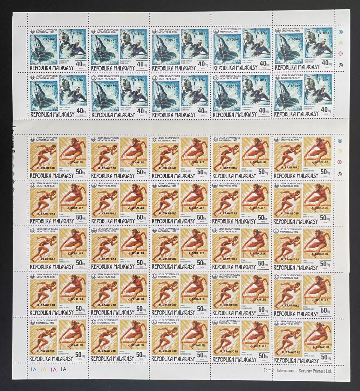 Madagascar 1977 YT 607-608 planche surchargé Jeux Olympiques Montréal canoë
