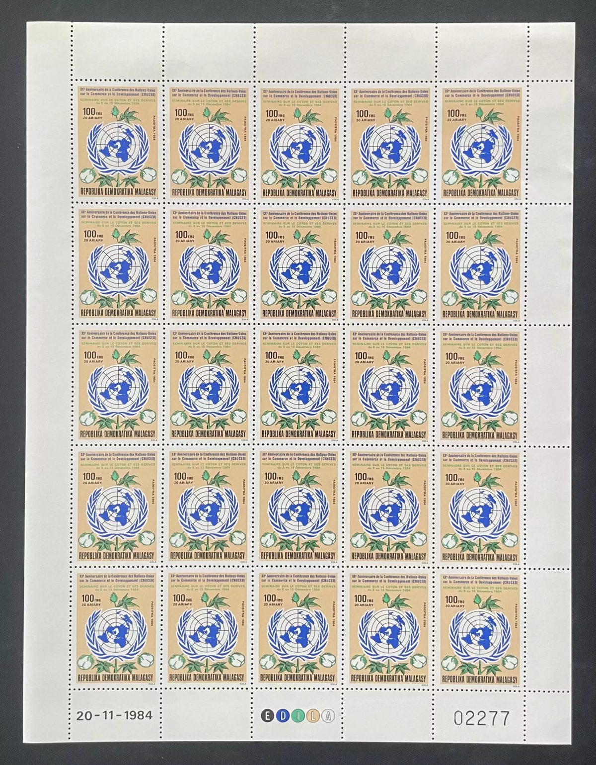 Madagascar 1984 YT 729 planche CNUCED Nations Unies coton commerce