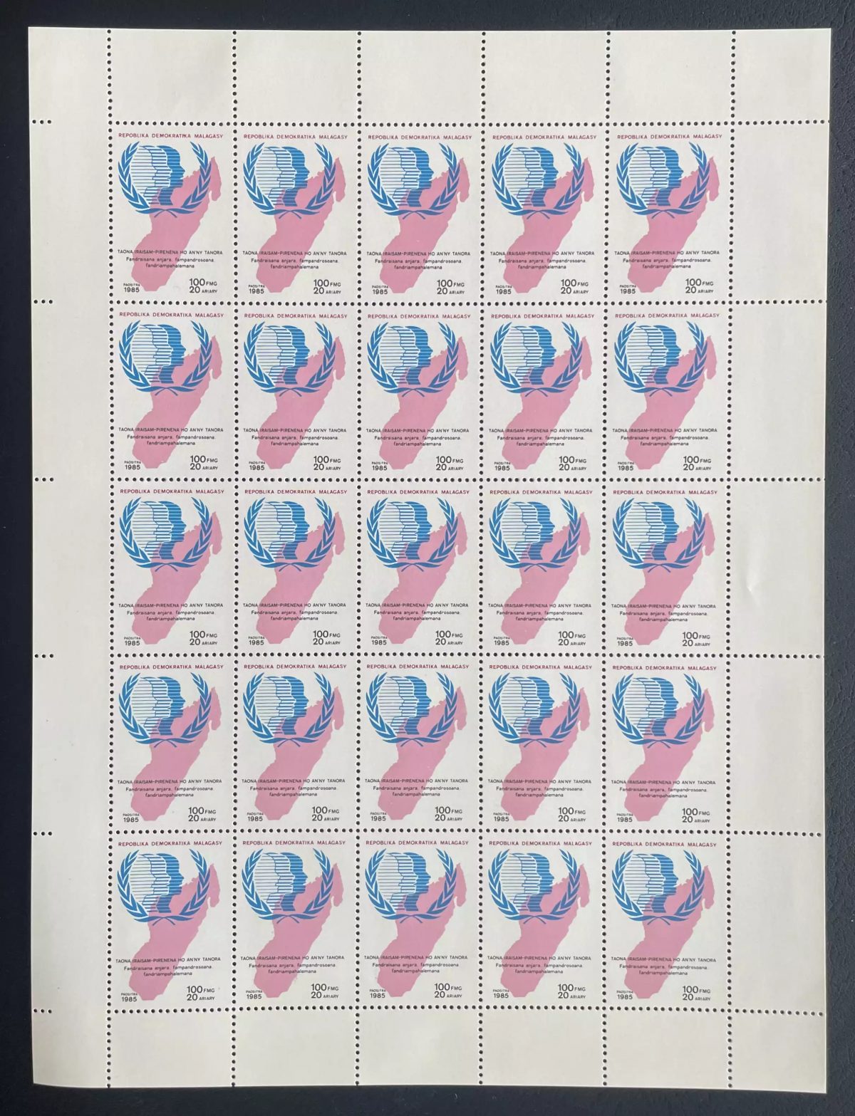 Madagascar 1985 YT 744 planche Année internationale jeunesse carte île