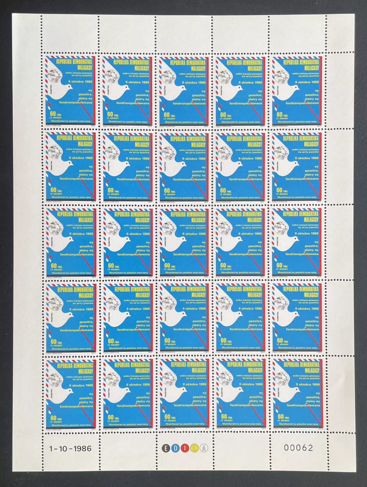 Madagascar 1986 YT 784 sheet World Post Day dove letter