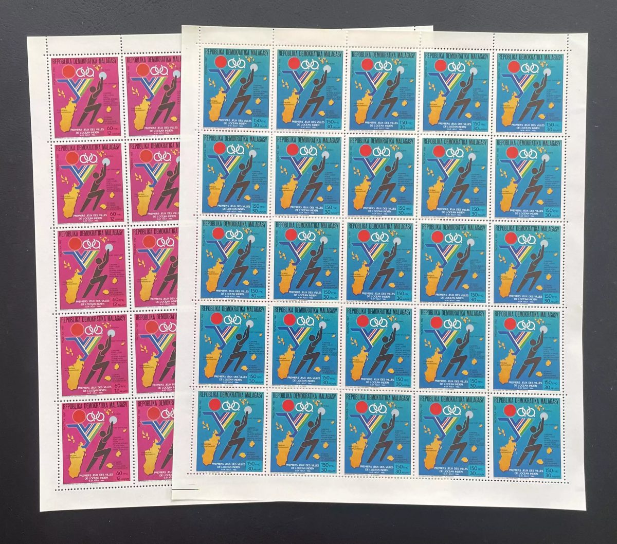 Madagascar 1987 YT 796-797 planche Jeux Océan Indien basketball sport