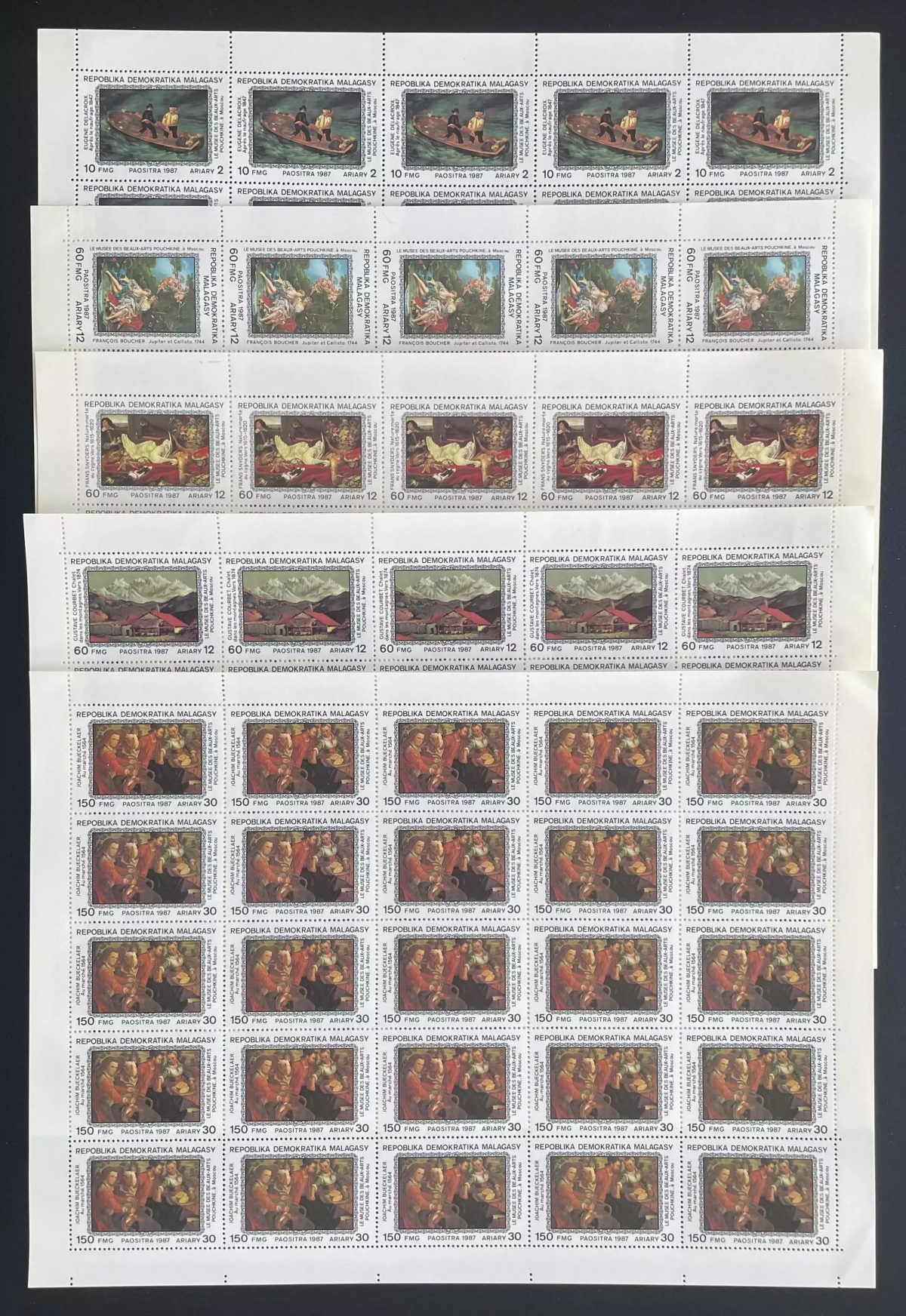 Madagascar 1987 YT 832-836 planche peintures Boucher Courbet Pouchkine Moscou