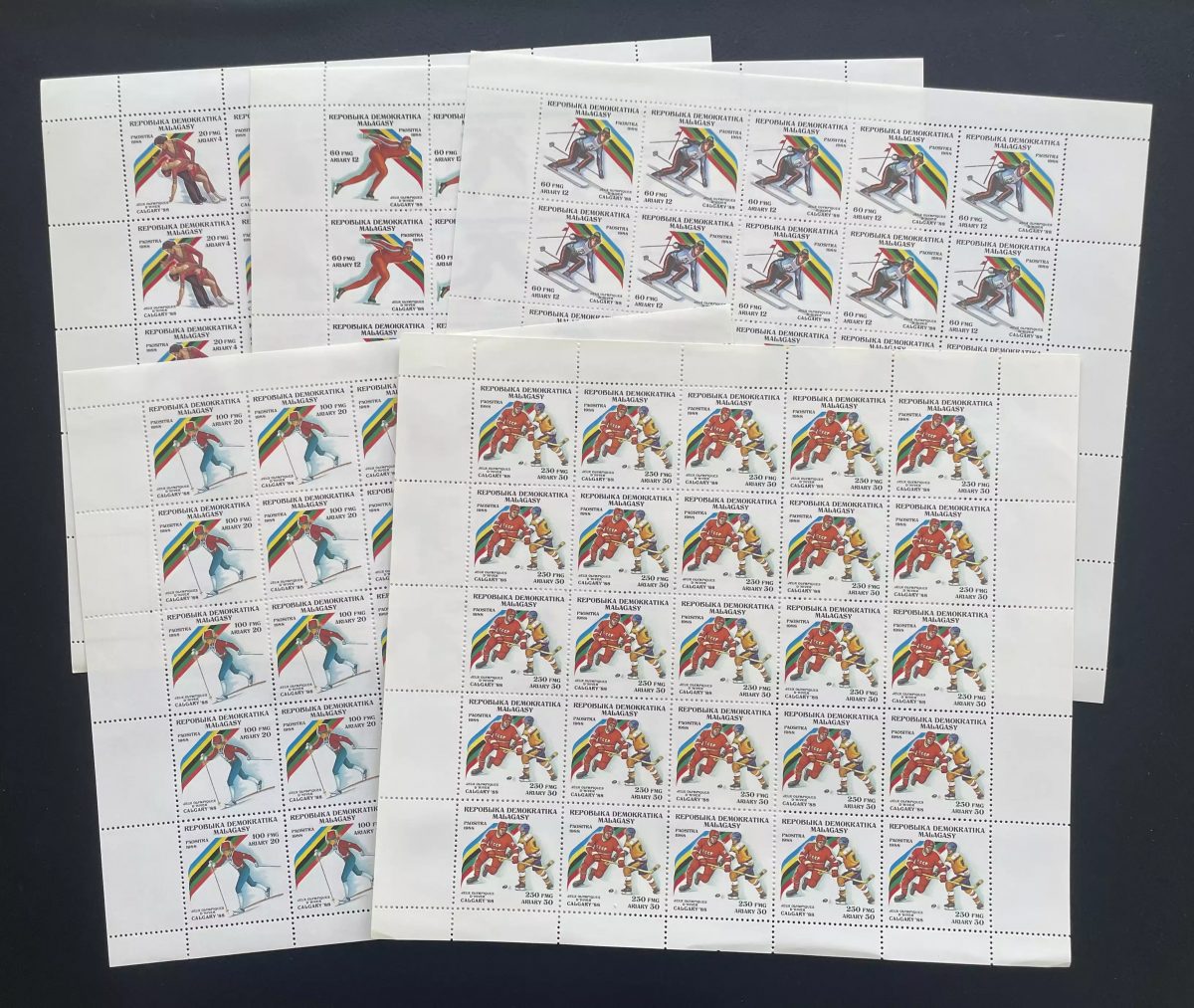 Madagascar 1988 YT 847-851 planche Jeux Olympiques hiver Calgary ski hockey