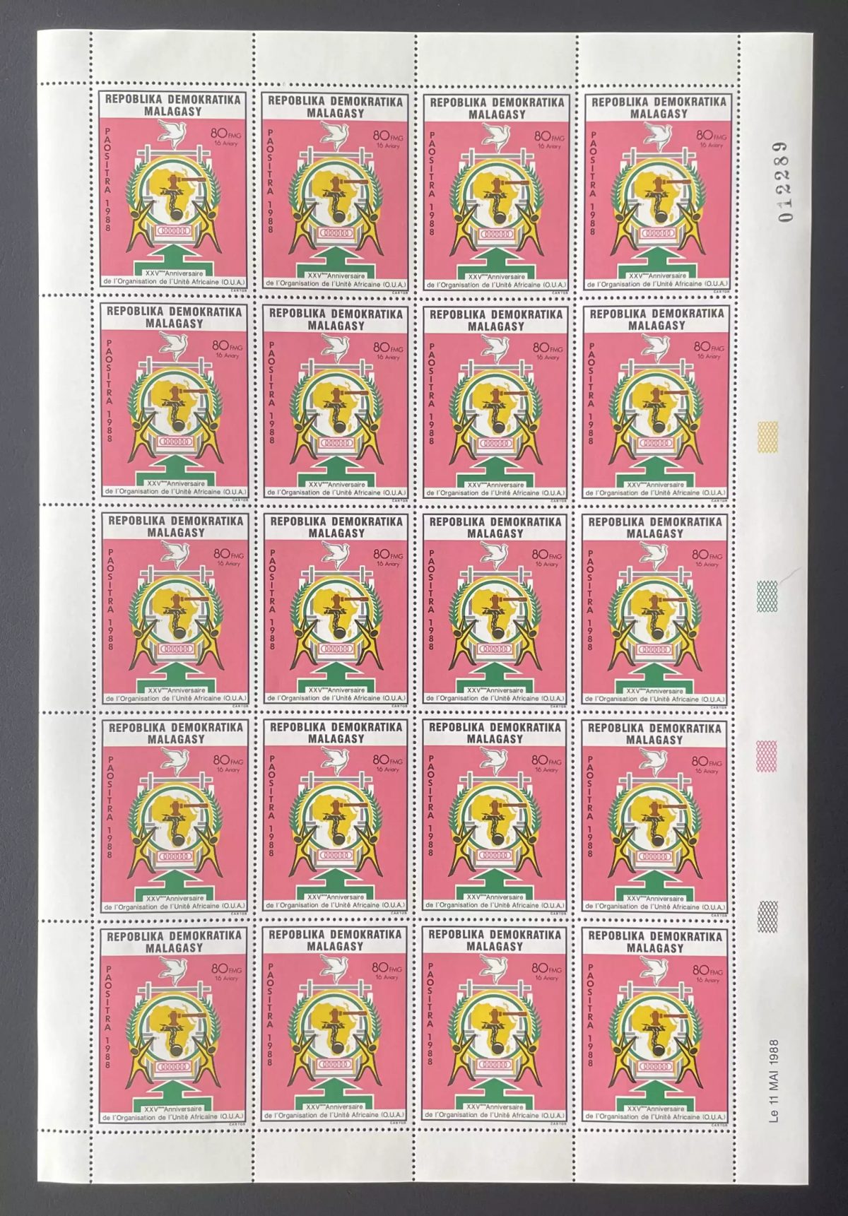 Madagascar 1988 YT 862 planche XXVe anniversaire OUA Unité Africaine