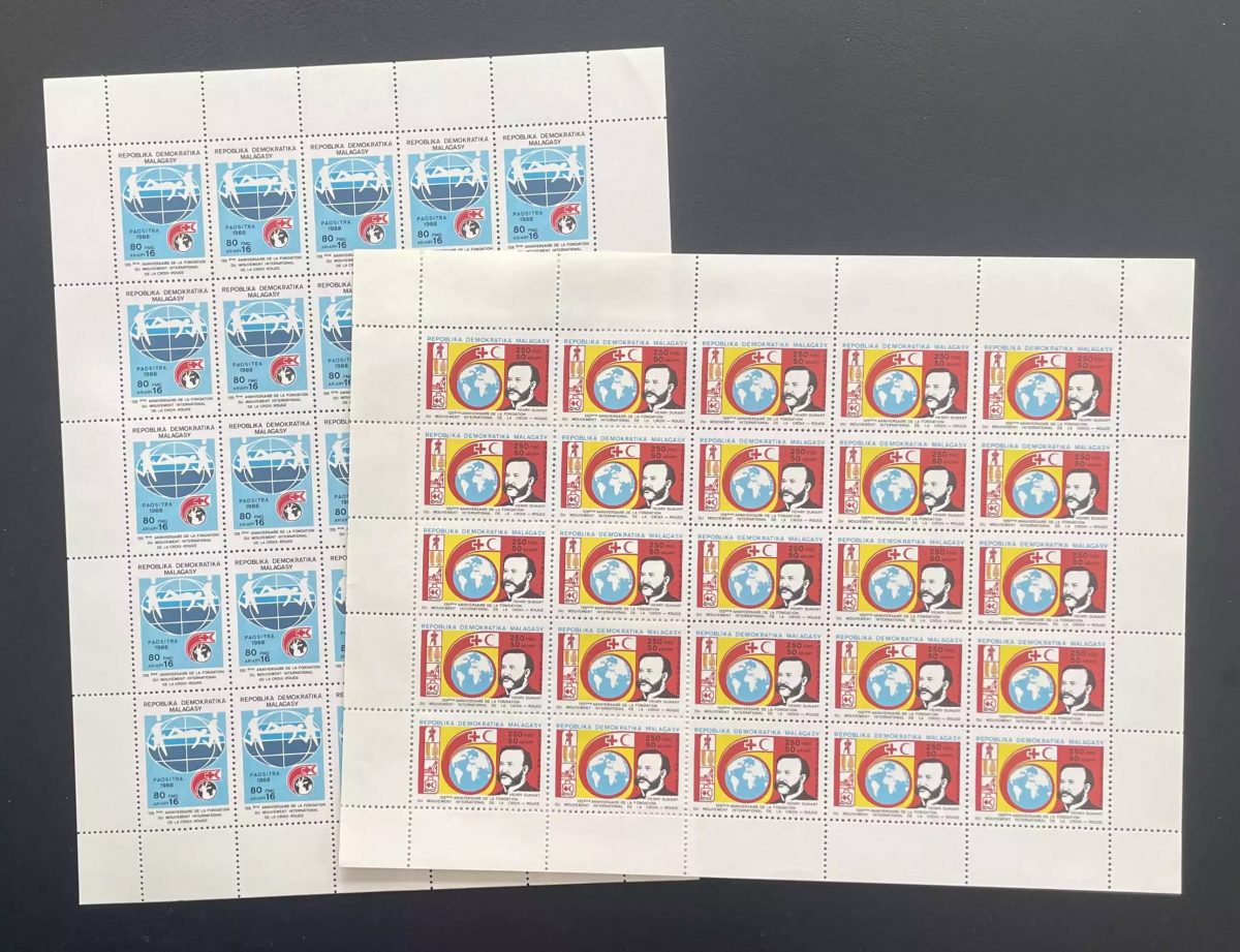 Madagascar 1988 YT 892-893 planche Croix-Rouge Henry Dunant globe