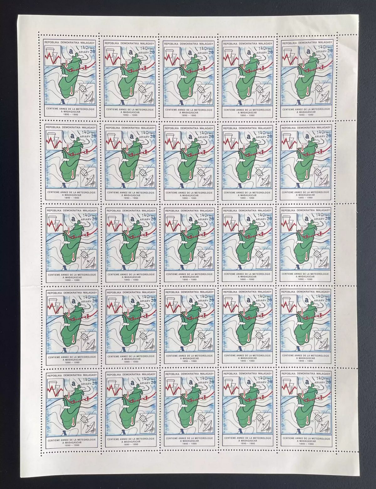 Madagascar 1992 YT 1081 planche météorologie centenaire carte