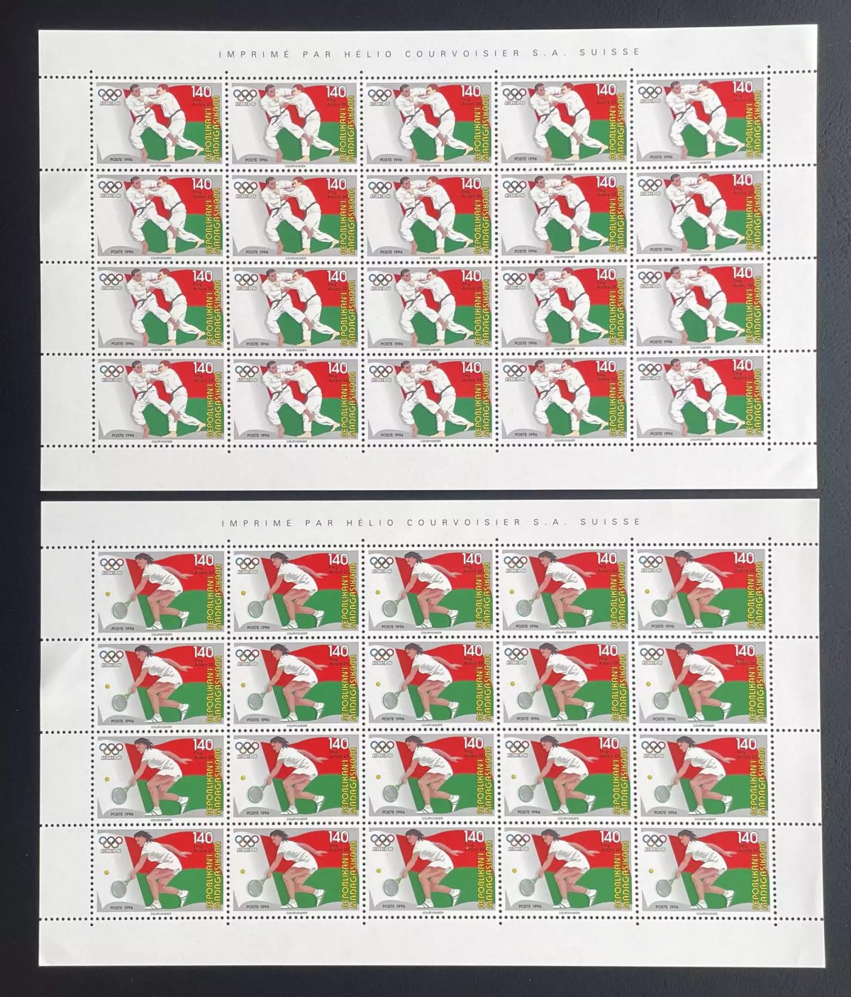 Madagascar 1996 YT 1492 1493 planche Jeux Olympiques Atlanta judo tennis