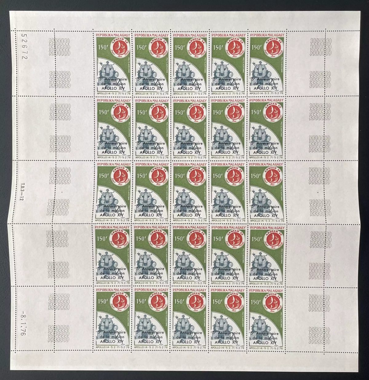 Madagascar 1976 YT PA 166 planche surchargé Apollo XIV espace astronautique
