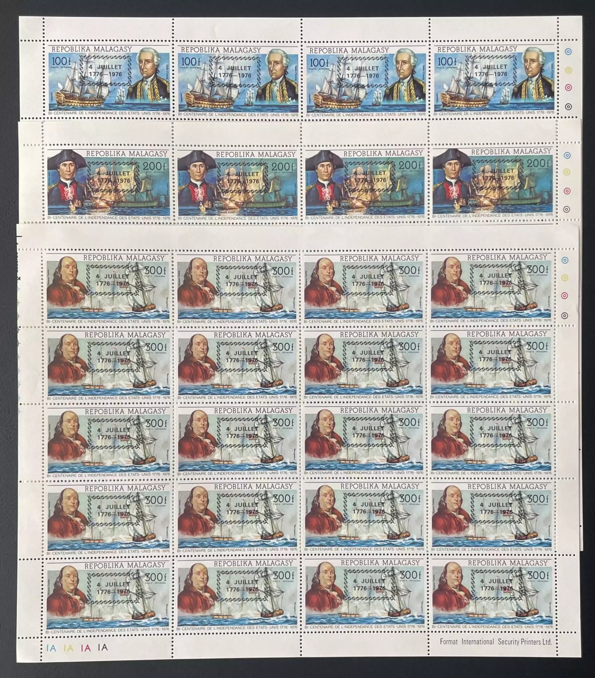 Madagascar 1976 YT PA 169-171 planche surchargé Bicentenaire USA Franklin