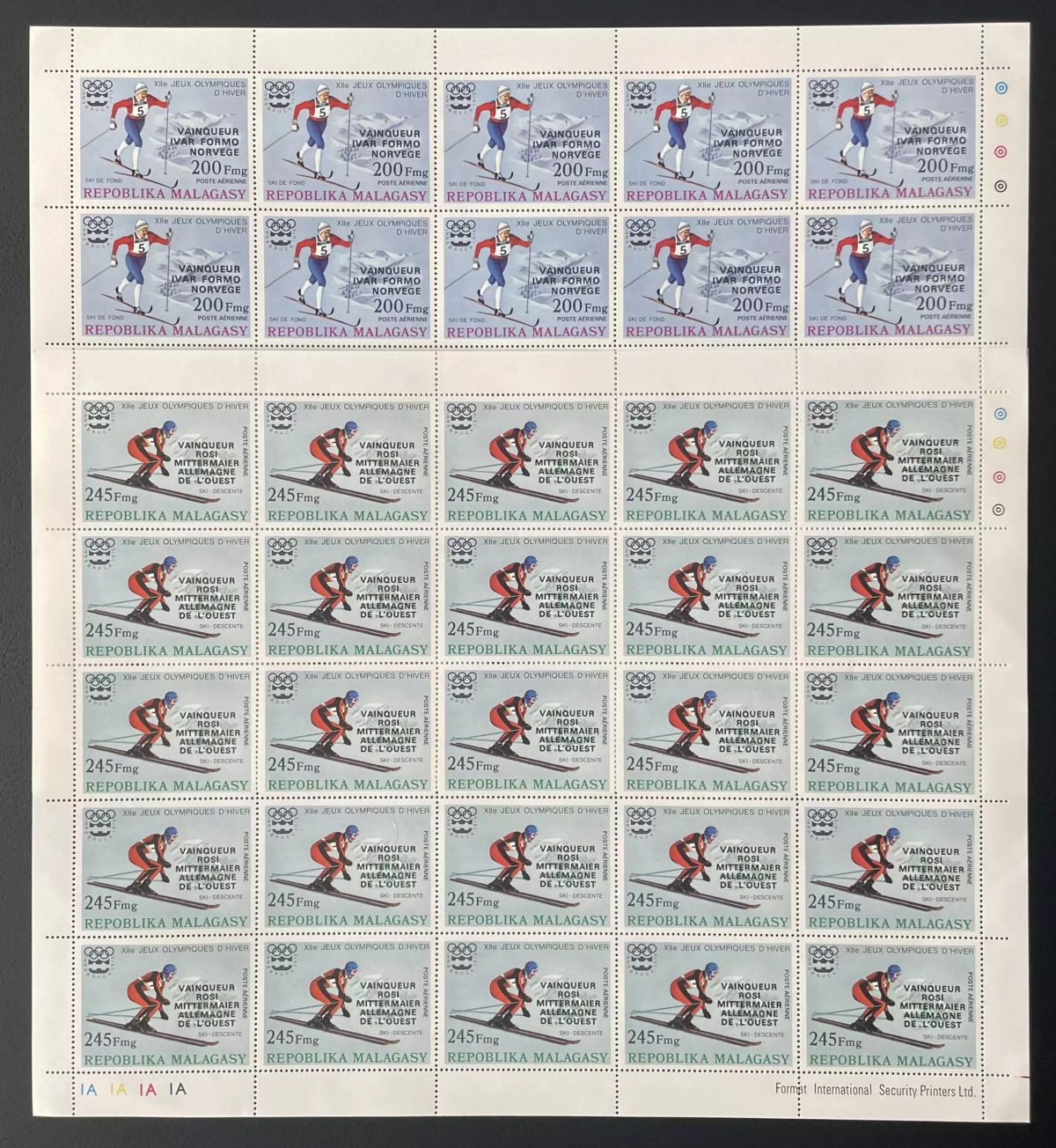 Madagascar 1976 YT PA 172-173 planche surchargé Jeux Olympiques hiver ski