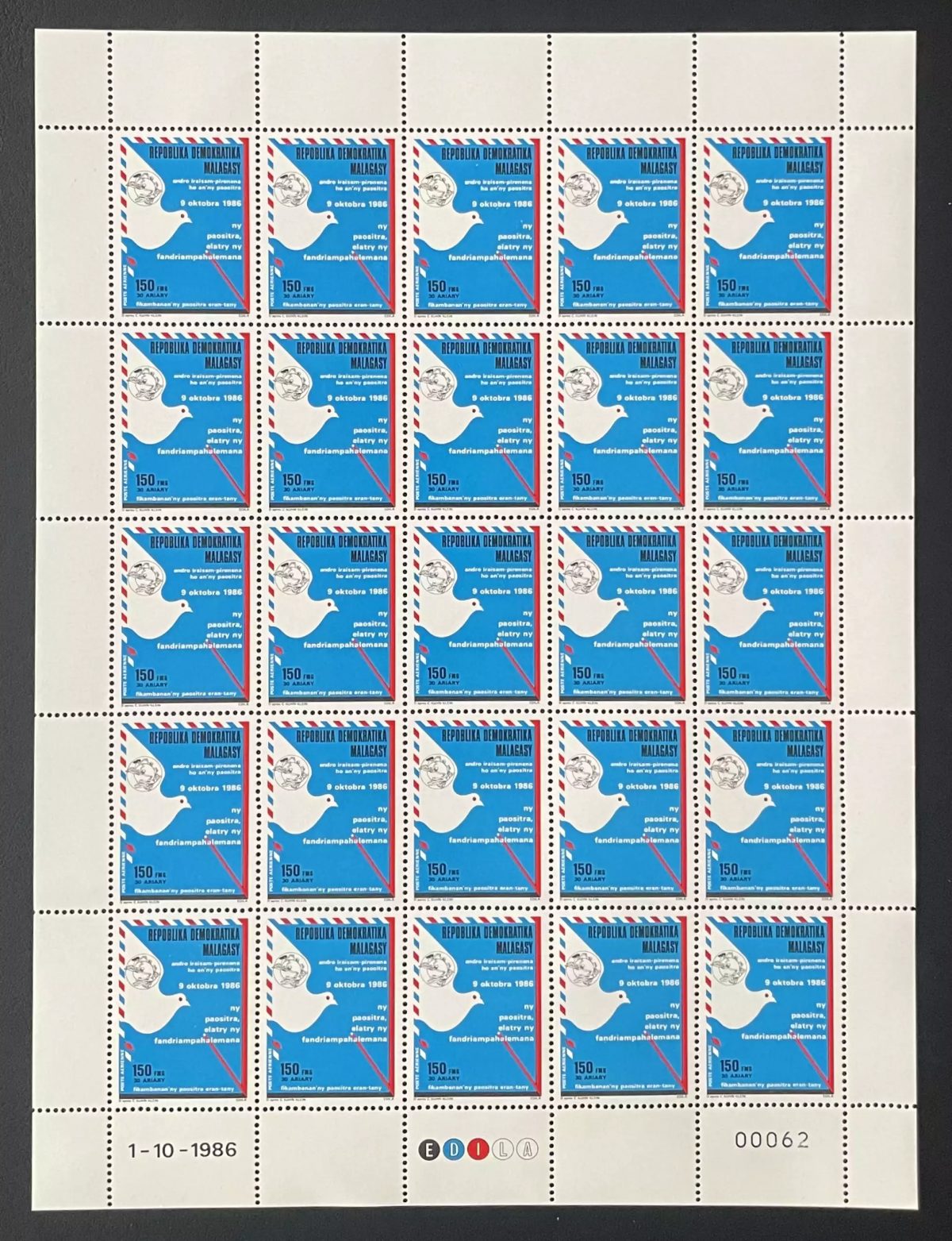 Madagascar 1986 YT PA 191 planche Journée mondiale poste colombe UPU