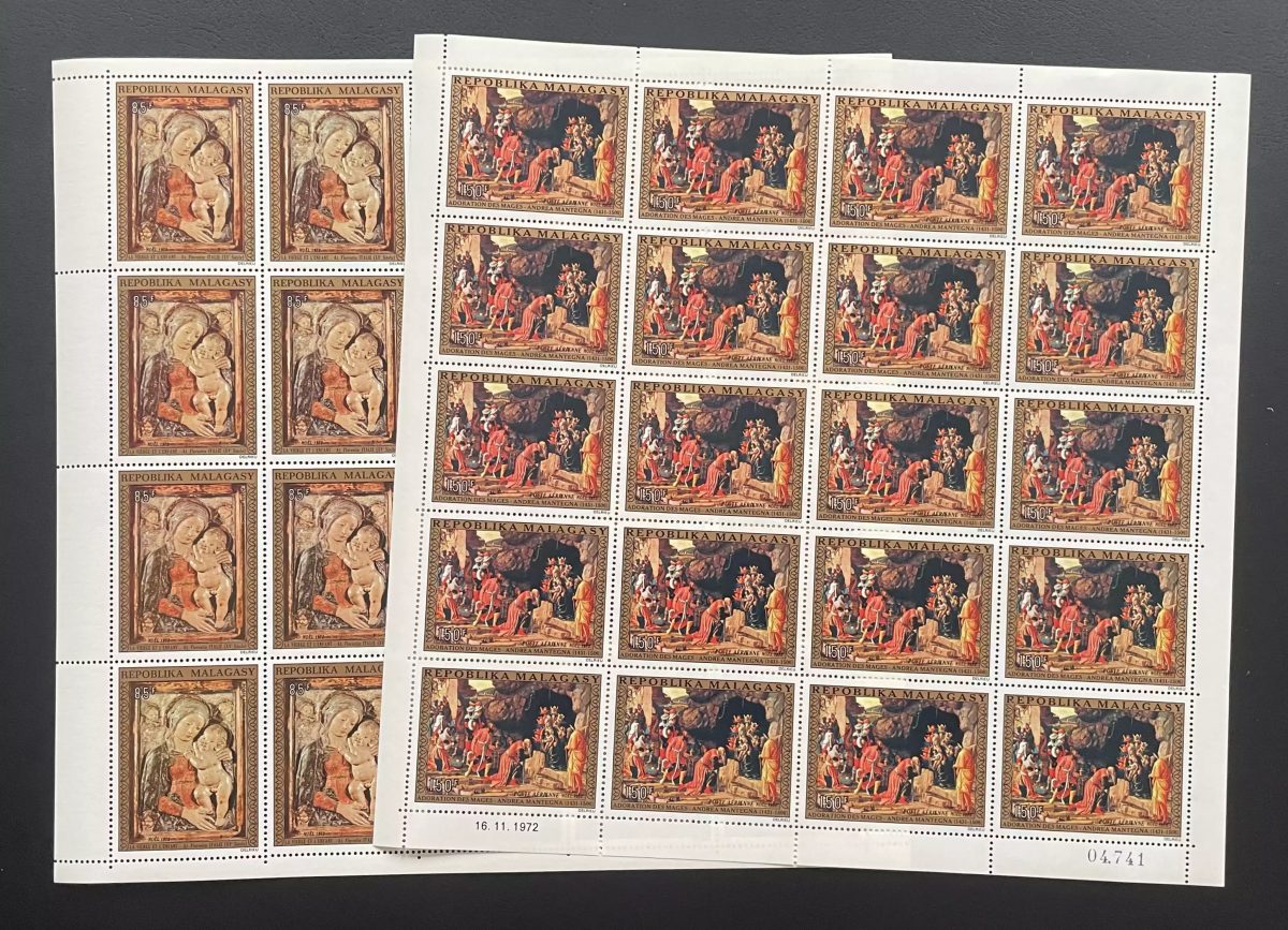 Madagascar 1972 YT PA 122-123 planche Noël Adoration Mages Mantegna