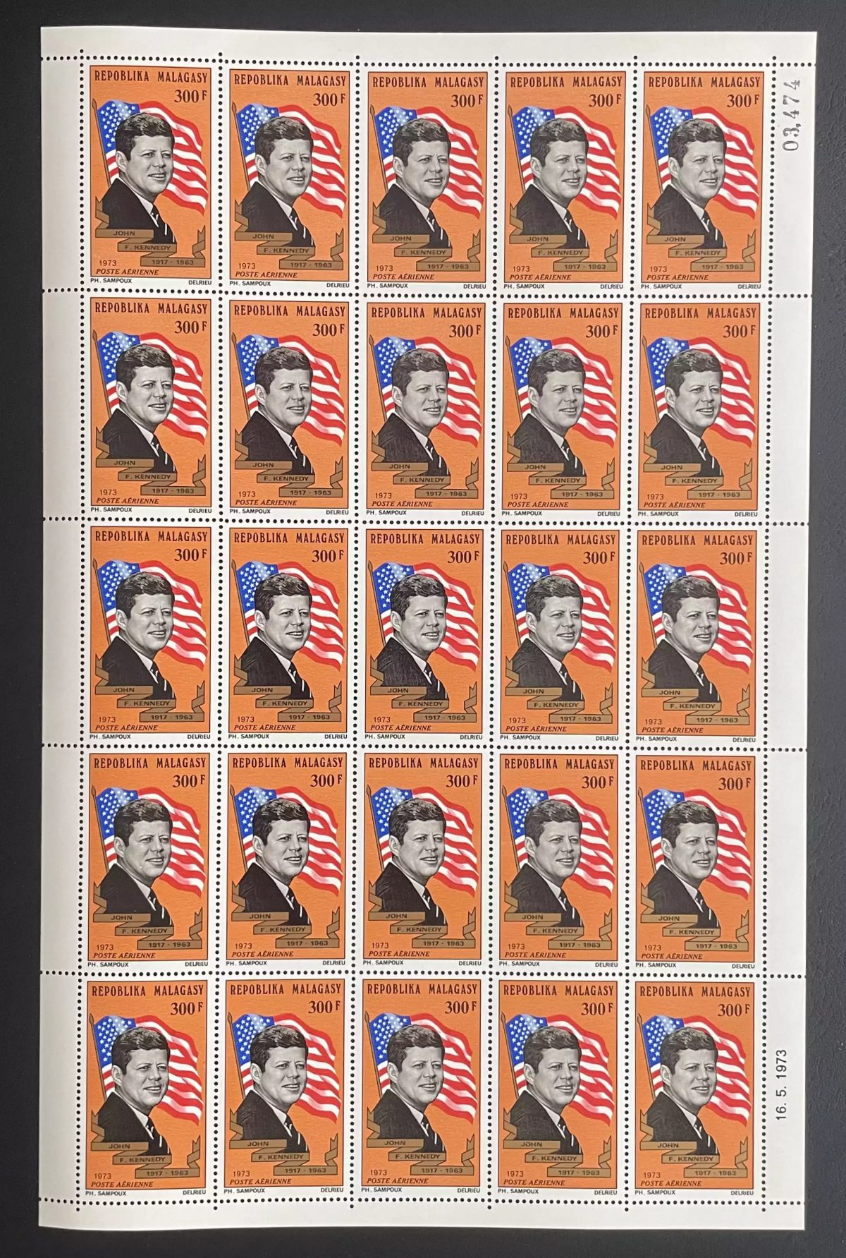 Madagascar 1973 YT PA 132 planche John F. Kennedy président USA drapeau JFK
