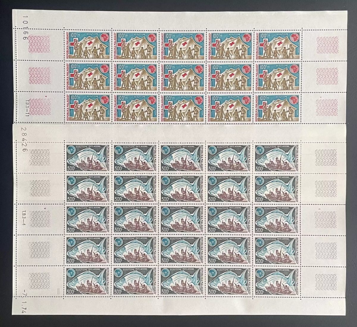 Madagascar 1974 YT PA 135-136 sheet scouting Red Cross fishing fish