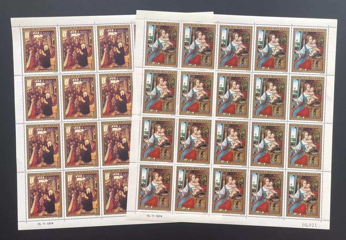 Madagascar 1974 YT PA 147-148 planche Noël Adoration Vierge peinture