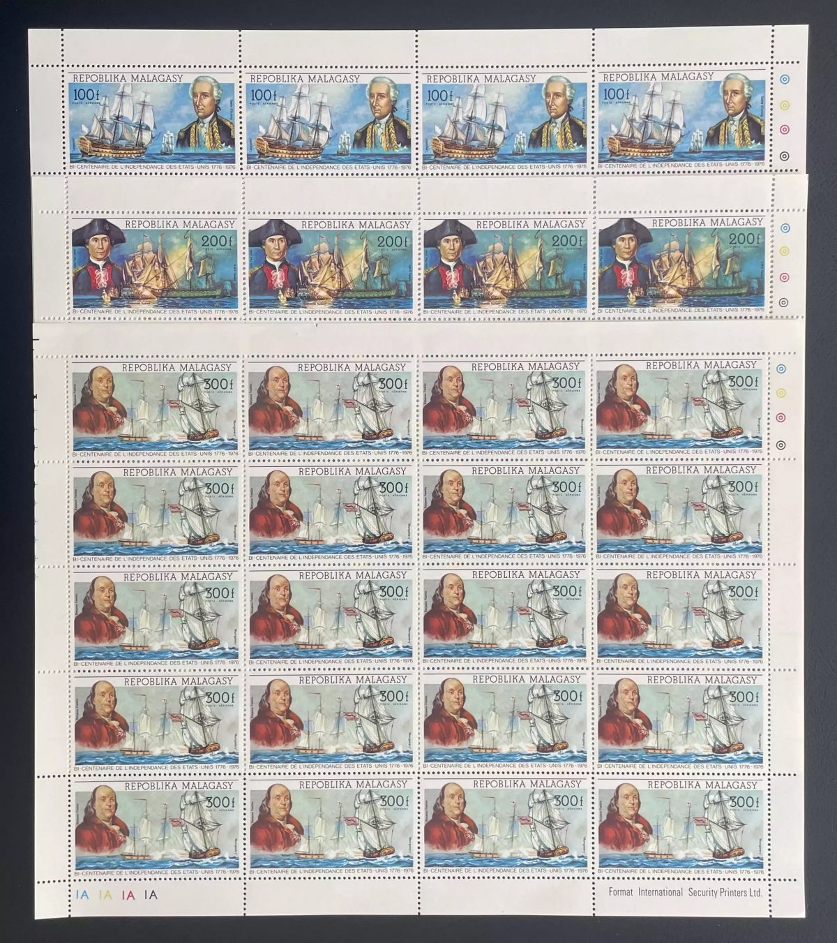 Madagascar 1975 YT PA 149-151 planche bicentenaire USA navires voiliers