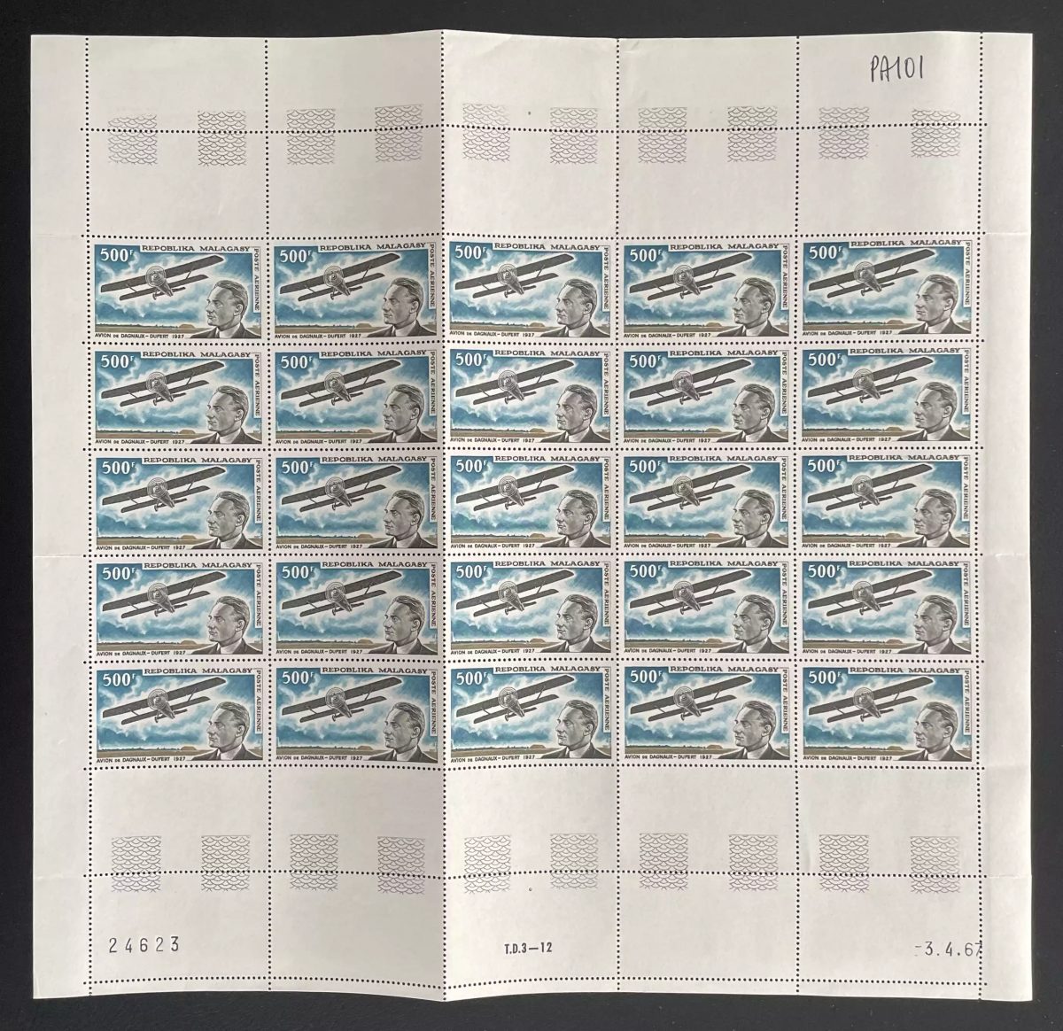 Madagascar 1967 YT PA 101 sheet Dagnaux Dufert biplane aircraft aviation