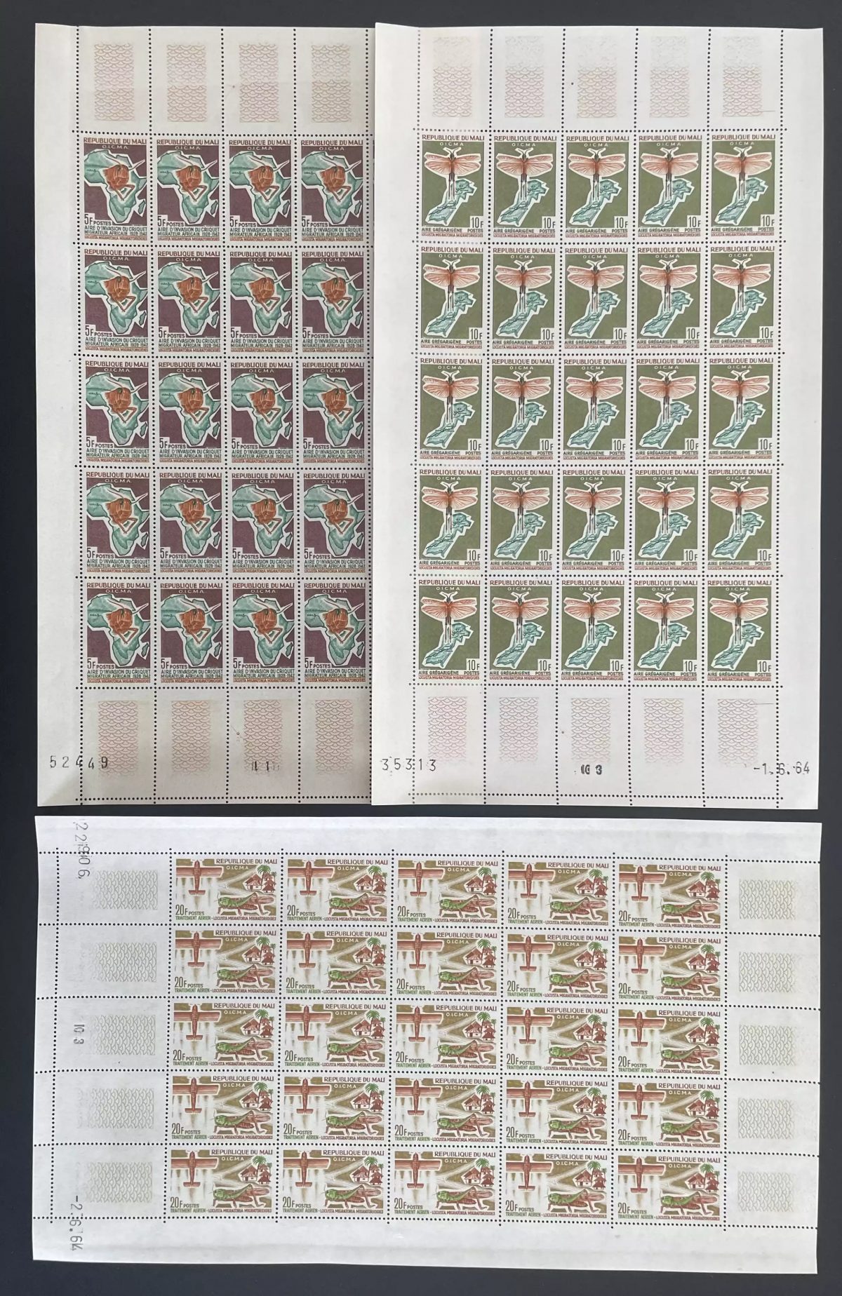 Mali 1964 YT 60-62 sheet OICMA locust insect Africa map