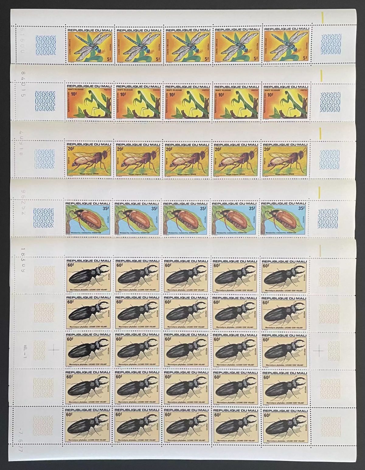 Mali 1977 YT 282-286 Bogen Insekten Libelle Käfer Hirschkäfer