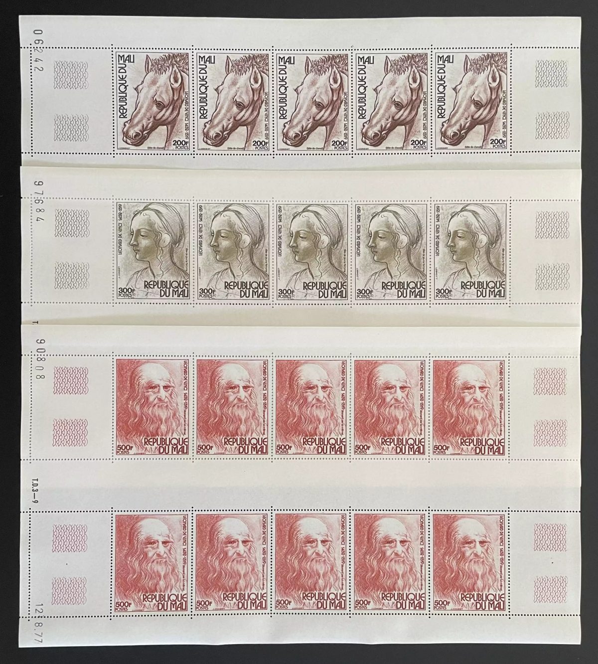 Mali 1977 YT 291-293 sheet Leonardo da Vinci horse portrait