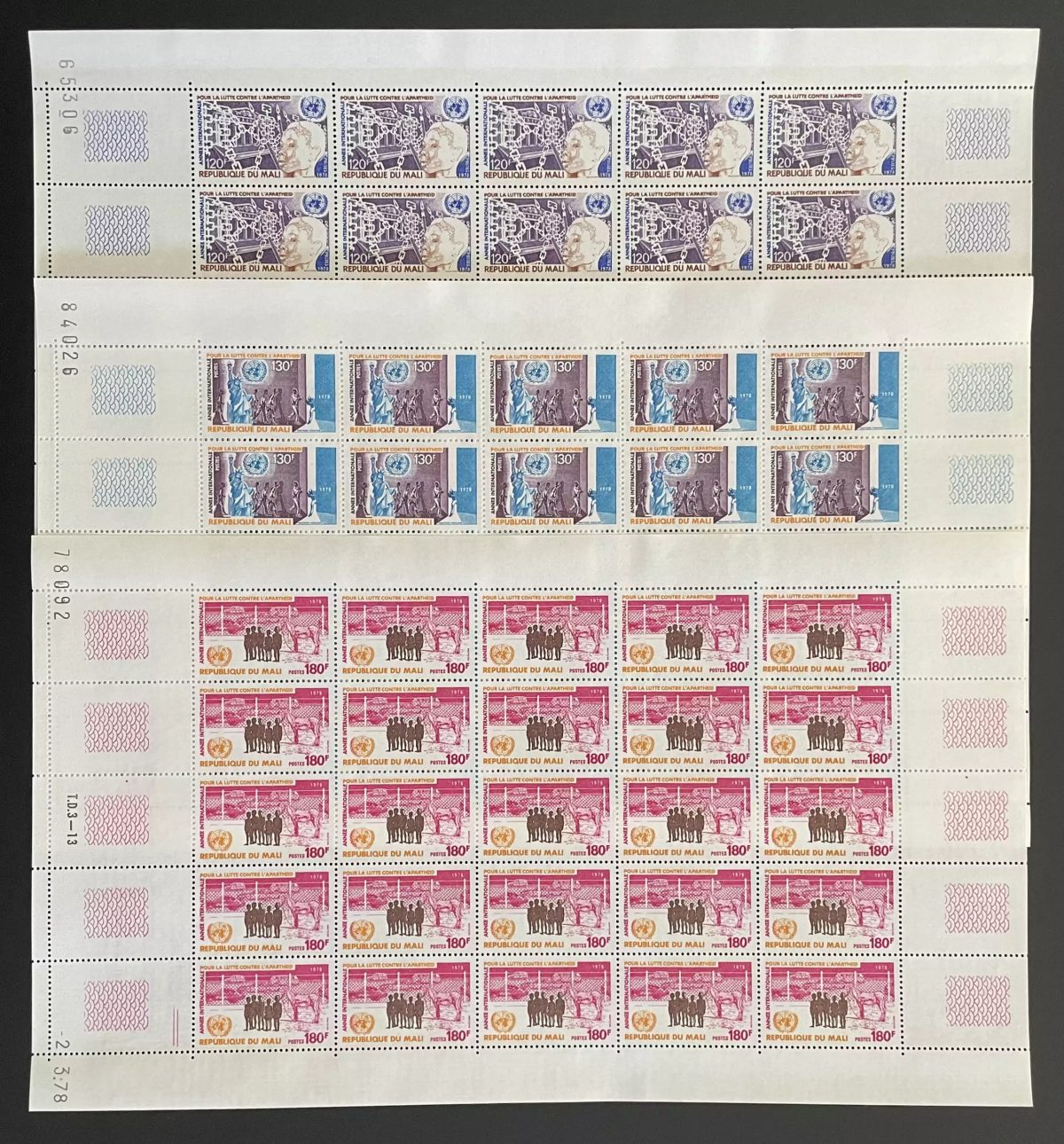 Mali 1978 YT 297-299 planche lutte contre apartheid ONU droits statue Liberté