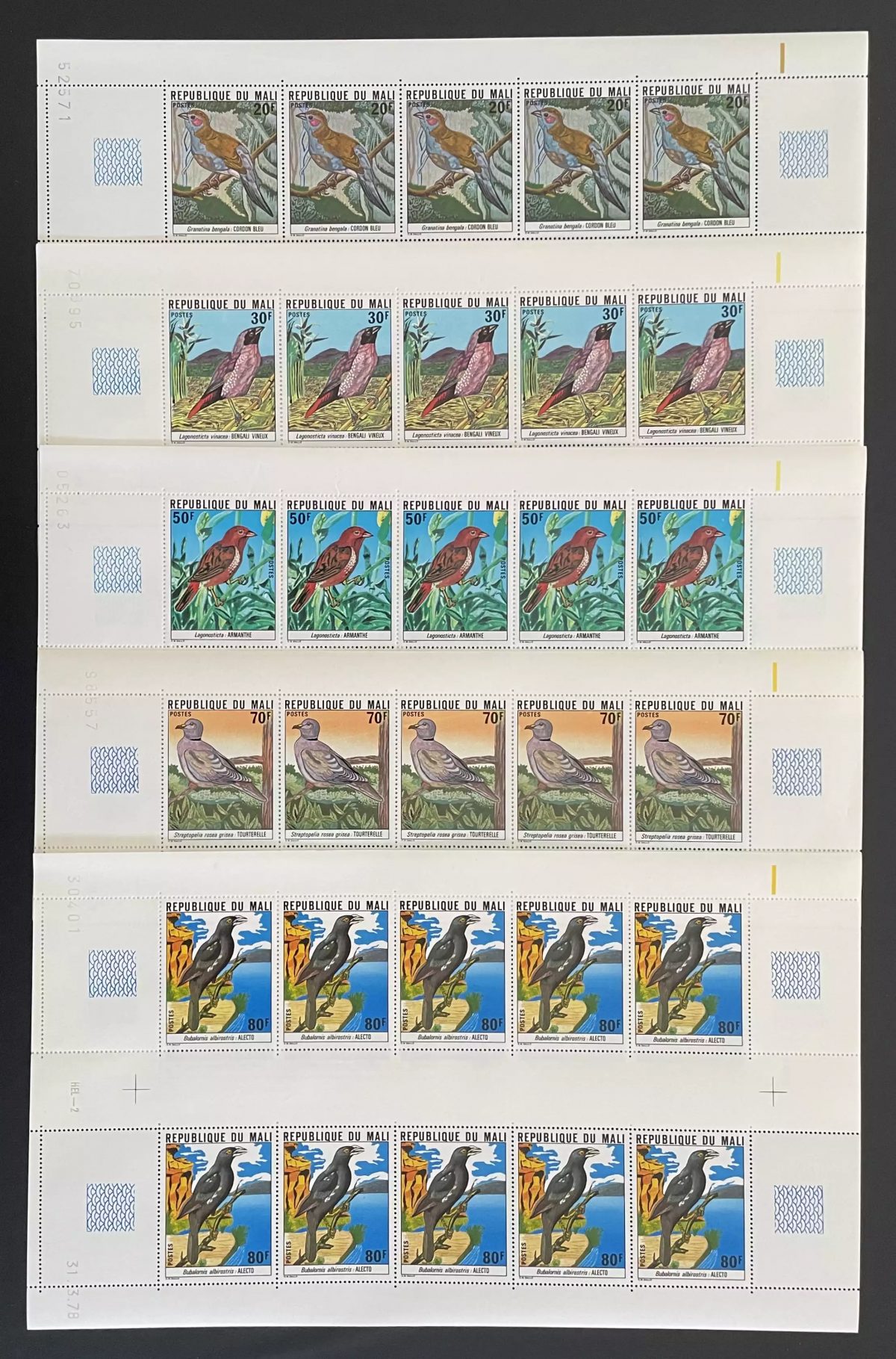 Mali 1978 YT 300-304 sheet birds cordon bleu waxbill turtledove