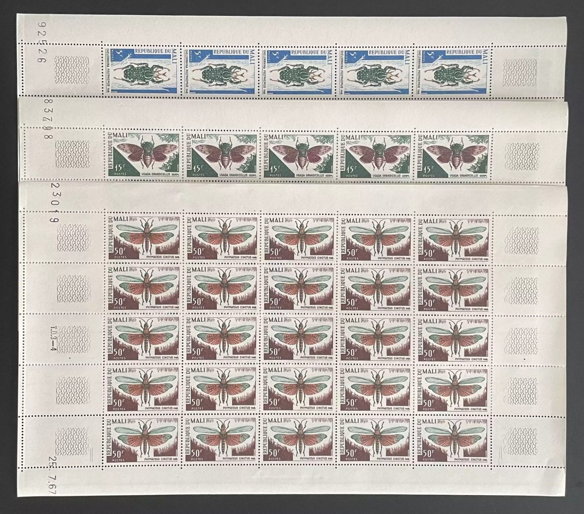 Mali 1967 YT 101-103 planche insectes coléoptère cigale criquet faune
