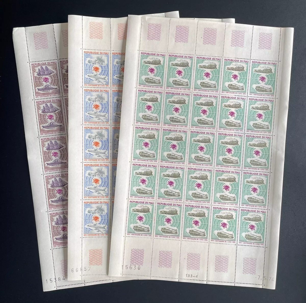 Mali 1974 YT 218-220 sheet UPU centenary train sailboat airplane