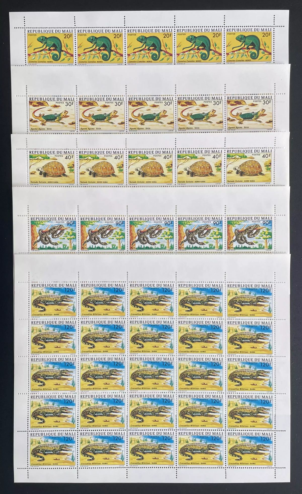 Mali 1976 YT 252-256 Bogen Reptilien Chamäleon Schildkröte Python Krokodil